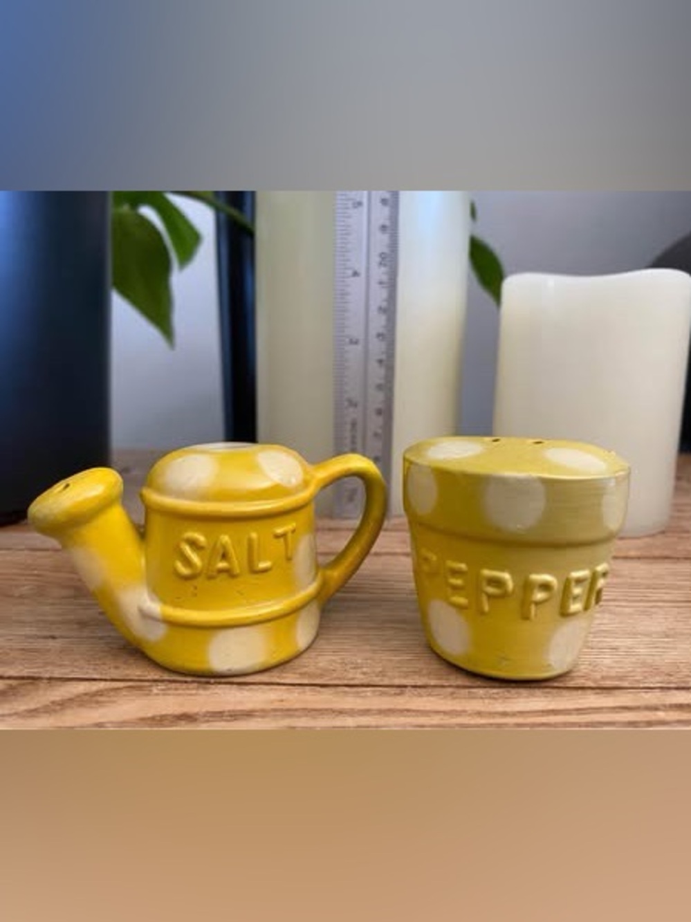 Vintage Yellow Polka Dot Watering Can Flower Pot Salt Pepper Shakers Ceramic